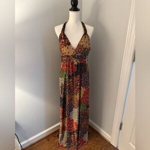 Beautiful EUC 5th& Love Halter Top Maxi Dress SZ XL Silky & colorful BOHO